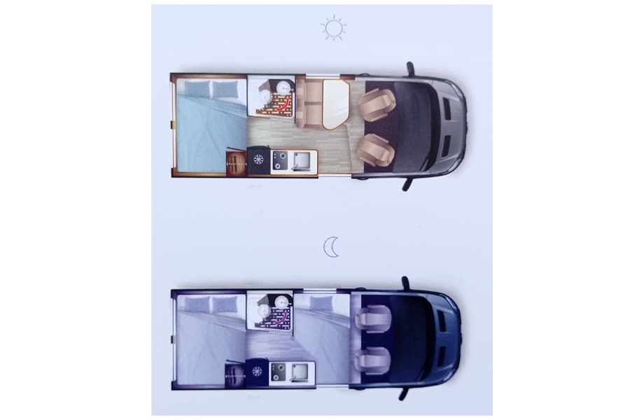 Skizze Dreamer D51 Select im Tag- und Nachtmodus mit Bett für eine dritte Person
