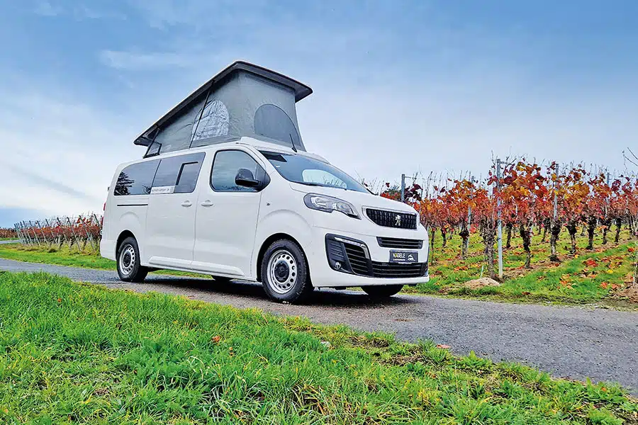 Weißer Peugeot Nägele Sunvan: Expert-Campingbus von Nägele Campervans mit Aufstelldach inmitten herbstlicher Weinberge