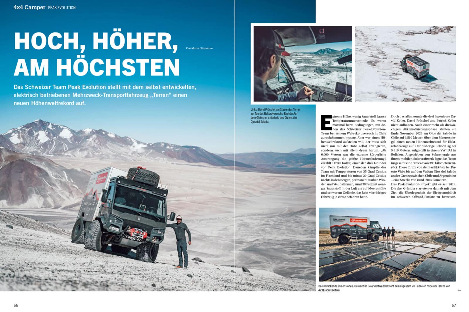 Neue Ausgabe 4x4 Camper 01/24 Selbst entwickeltes, elektrisch betriebenes Mehrzweck-Transportfahrzeug Terren des Schweizer Teams Peak Evolution, elektrischer offroad camper