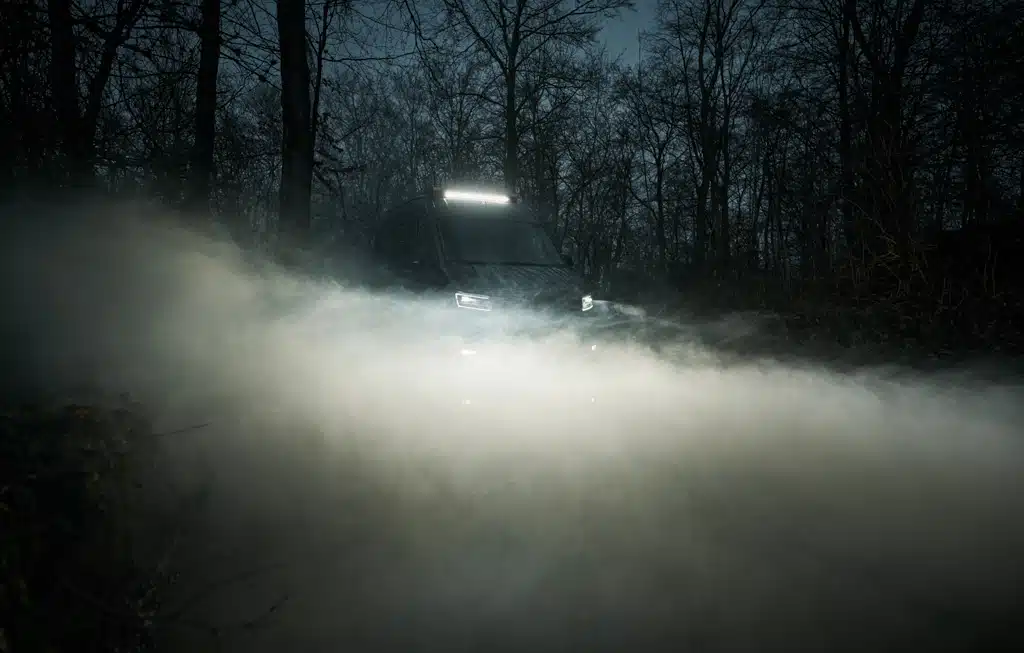 Kastenwagen fährt durch eine Landschaft mit vielen Bäumen bei Nacht