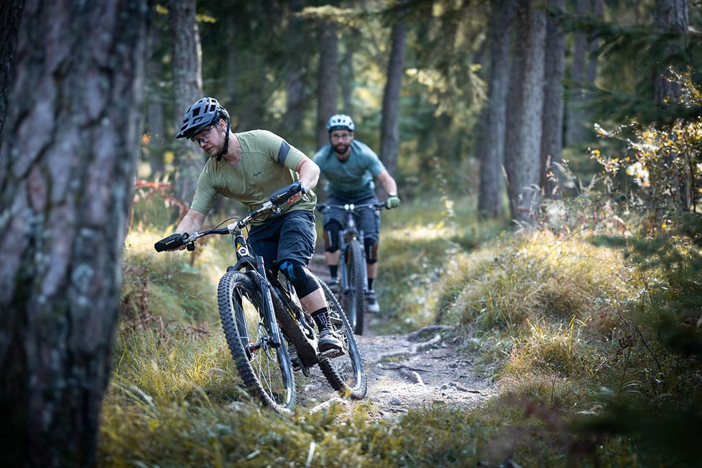 Zwei Mountainbiker auf einem Waldtrail