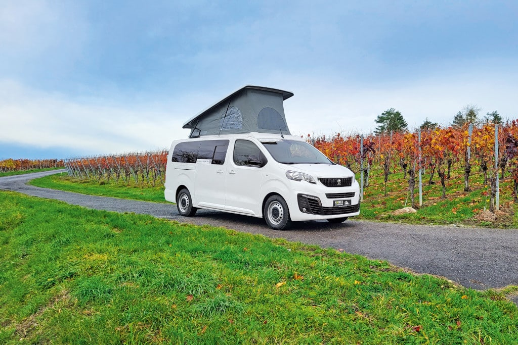 Weisser Van mit aufgestelltem Dach im bunten Weinberg