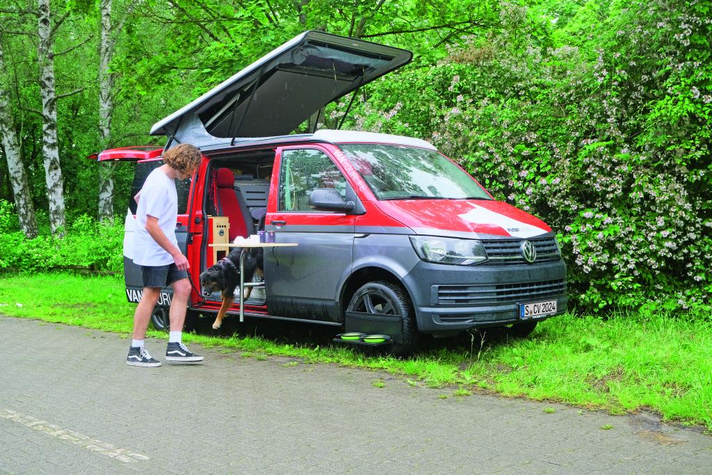 Hund steigt aus der Schiebetür eines grau-roten Campingbusses
