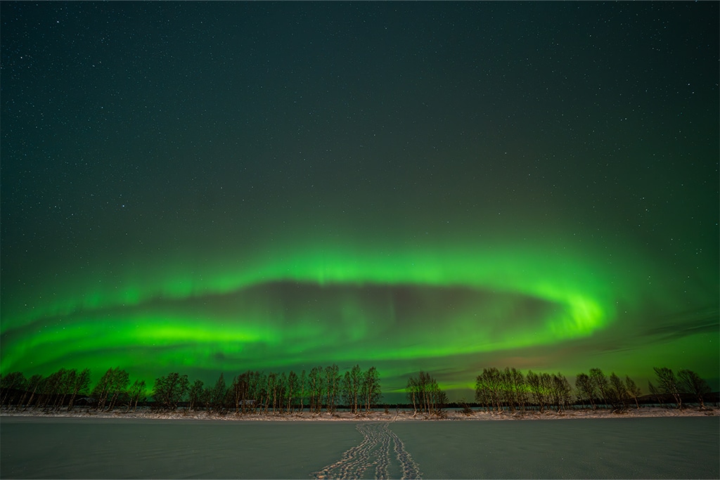 Verschneite Landschaft Skandinaviens bei Nacht mit grünen Nordlichtern.