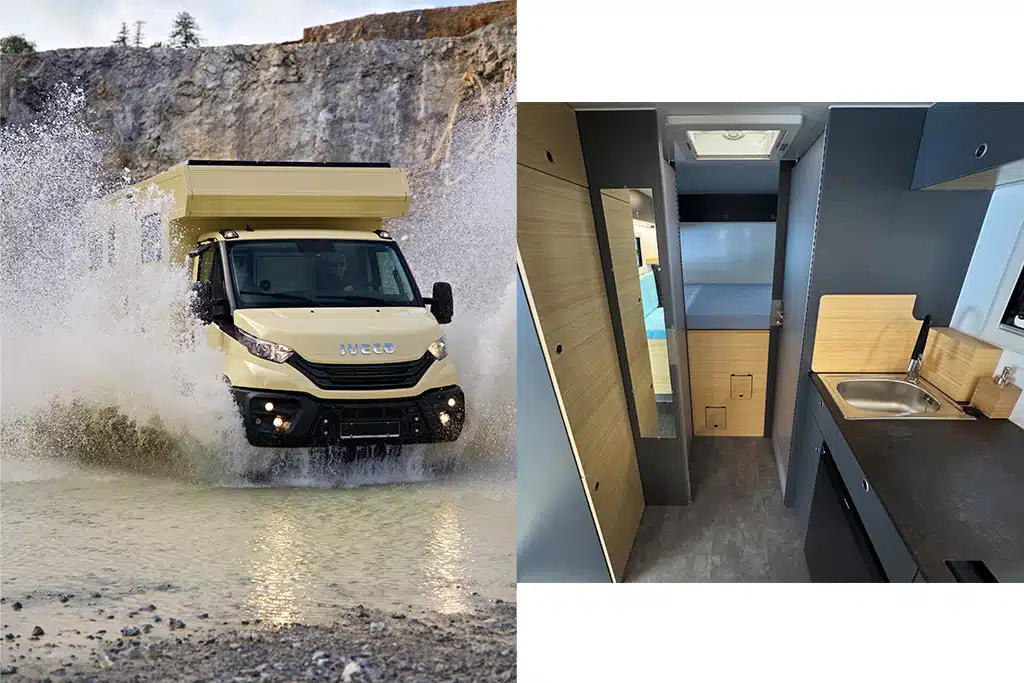 Das Bild ist zweigeteilt: Links ist der Expedition Truck D auf Iveco Daily zu sehen, der vor steilen Felsen durch ein flaches, Flussbett fährt, links und rechts vom Fahrzeug spritzt Wasser hoch, vorne ist das Flussbett aus Kieselsteinen zu sehen. Rechts im Bild ist ein Innenausbau zu sehen, der Blick geht vom Fahrerhaus nach hinten zum Querbett, links davor befinden sich Schränke aus Holz und ein bodentiefer Spiegel, rechts die Küchenzeile.