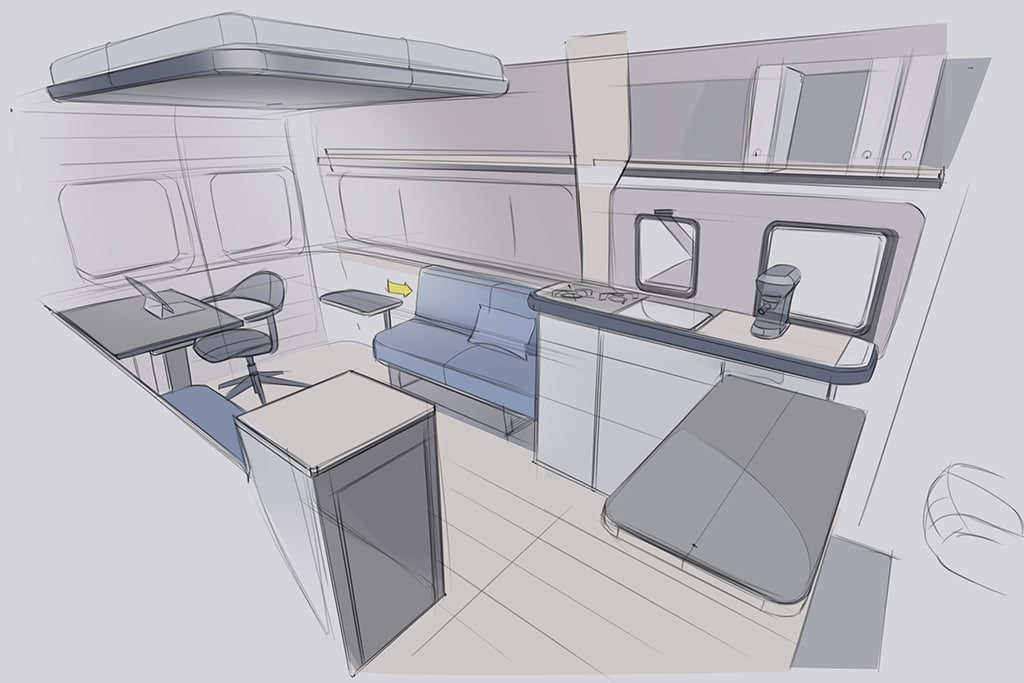 Skizze eines Campervan mit Schreibtisch und Computer