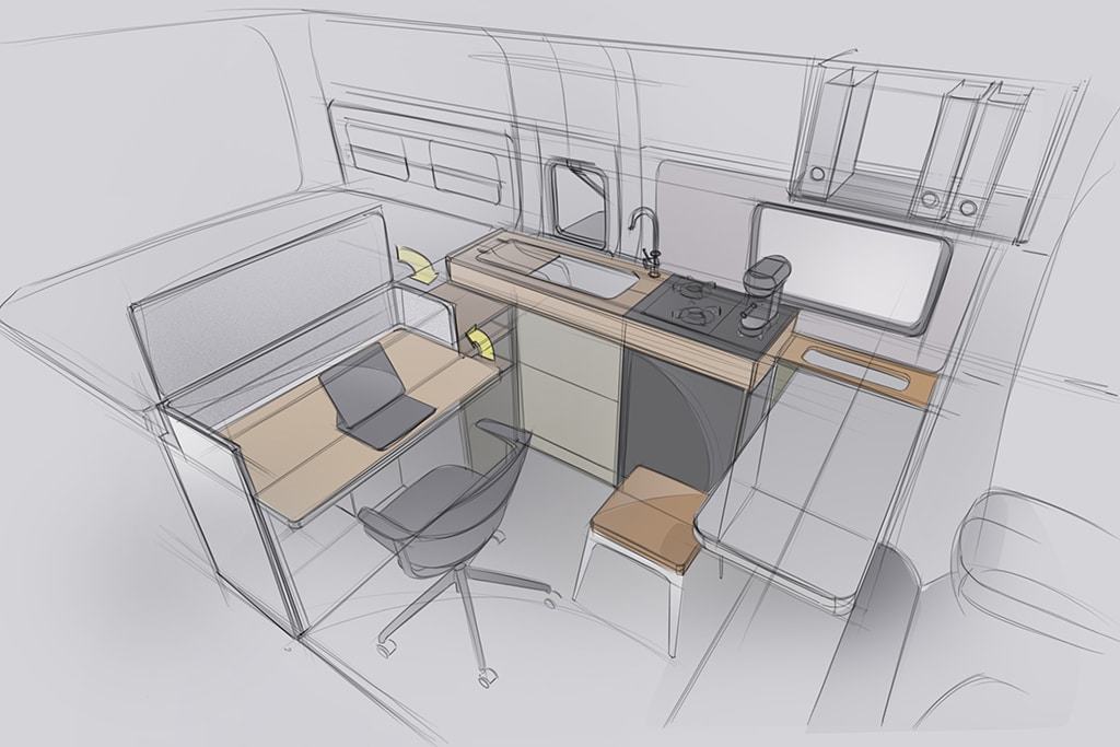 Skizze eines Campervan mit Schreibtisch und Computer