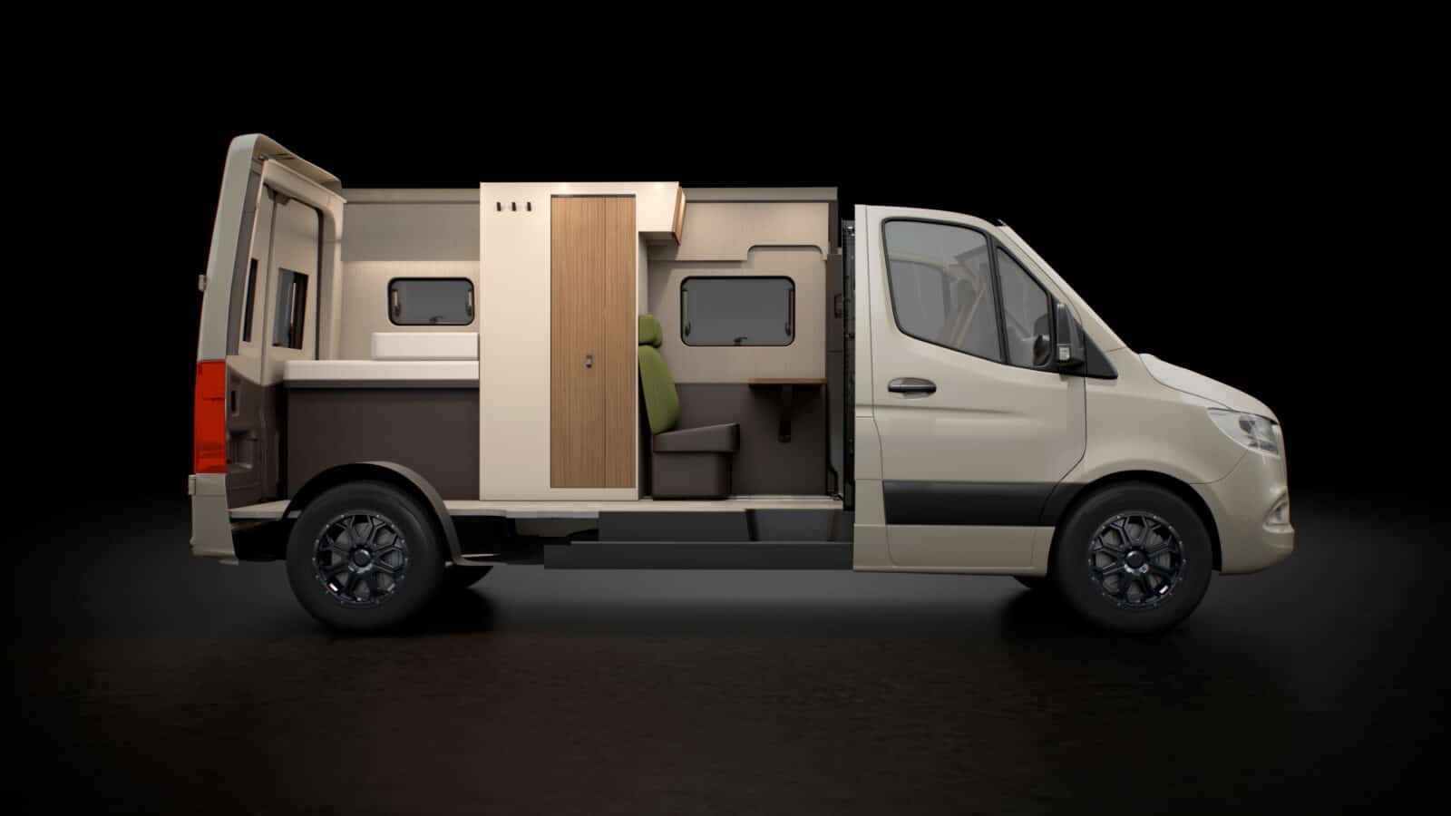 Rendering eines neuen Kastenwagen von Bürstner mit verschiebbarem Bad