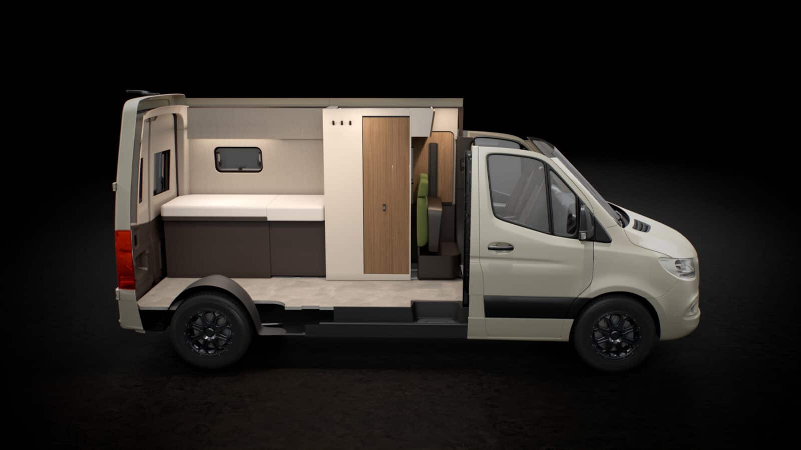 Rendering eines neuen Kastenwagen von Bürstner mit verschiebbarem Bad