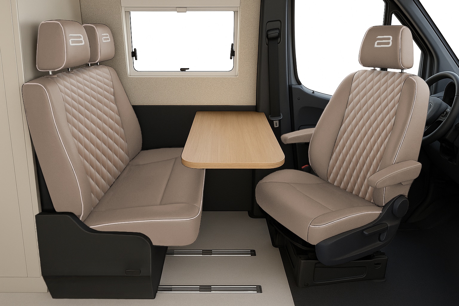 Rendering eines neuen Kastenwagen von Bürstner mit frei wählbaren Polsterstoffen