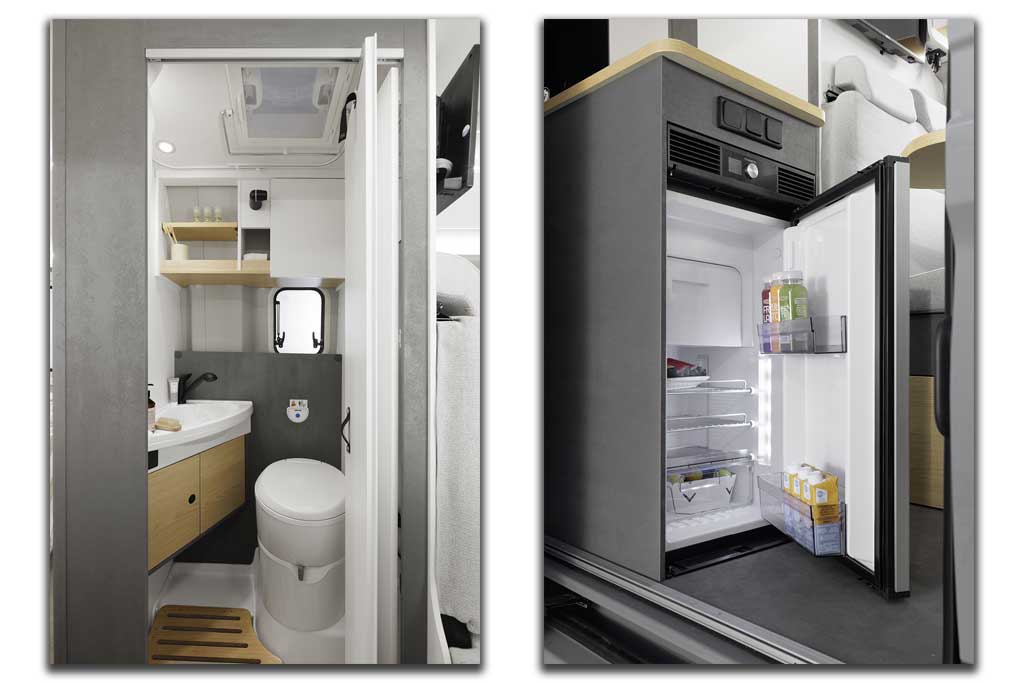 Kühlschrank und Bad von Ahorn-Kastenwagen.