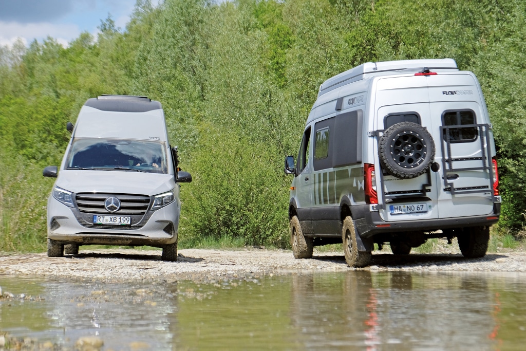 Werz Magnum und Flowcamper Max begegnen sich am Ufer der Wasserdurchfahrt