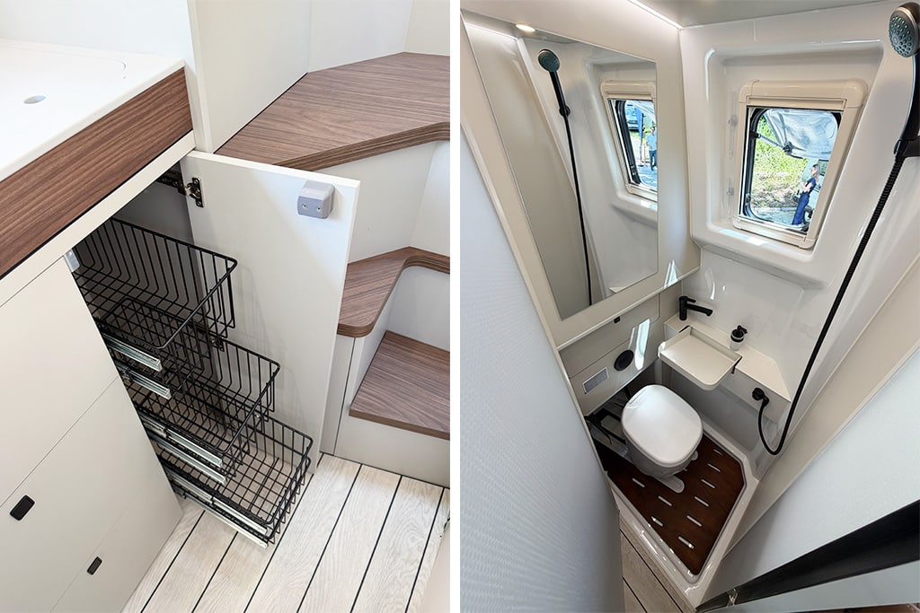 Stauraum-Auszug und Bad mit Dusche im Westfalia Columbus Liner
