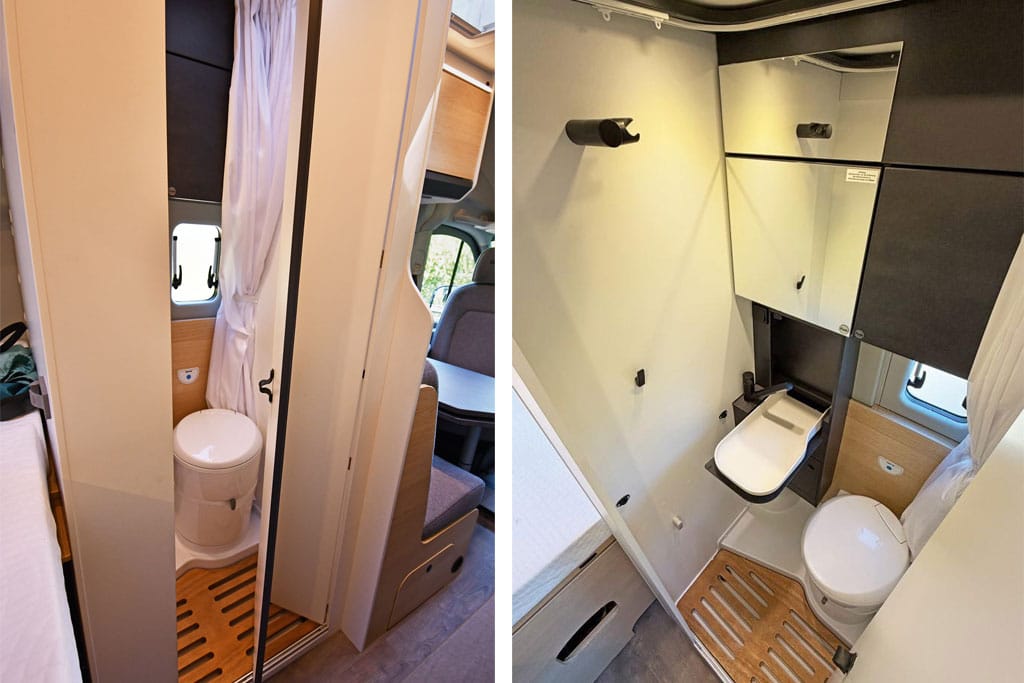 Badbereich im Sunlight Ibex mit Toilette, Waschbecken und Dusche